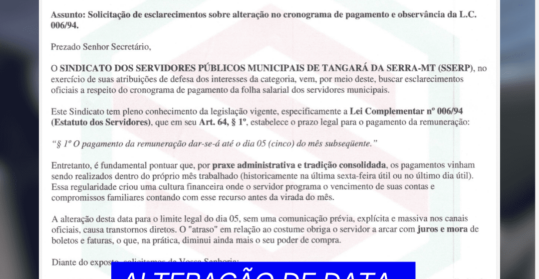 ATRAVÉS DE OFÍCIO SSERP SOLICITA ESCLARECIMENTOS SOBRE MUDANÇA NO CRONOGRAMA DE PAGAMENTO