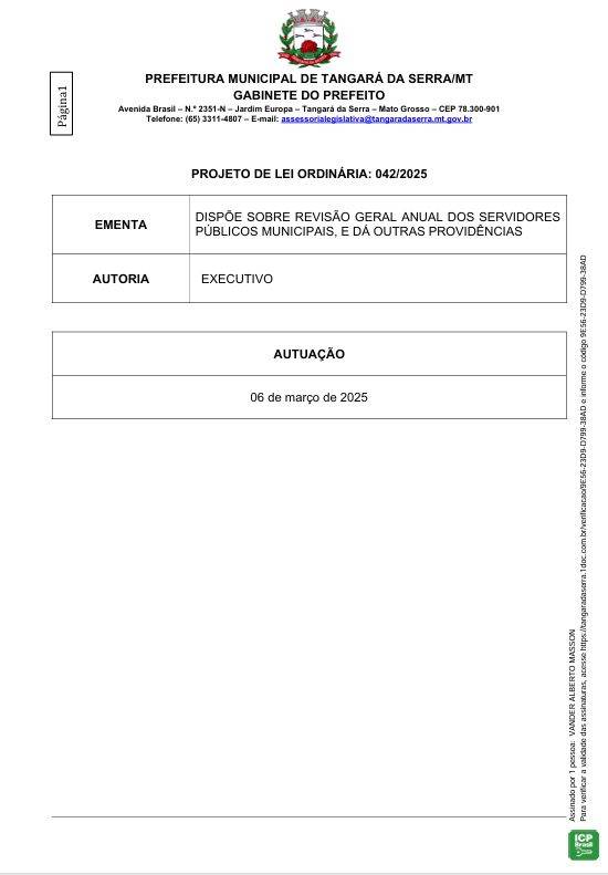 PREFEITURA DE TANGARÁ DA SERRA PUBLICA PROJETO DE LEI 042/2025 REFERENTE A RGA